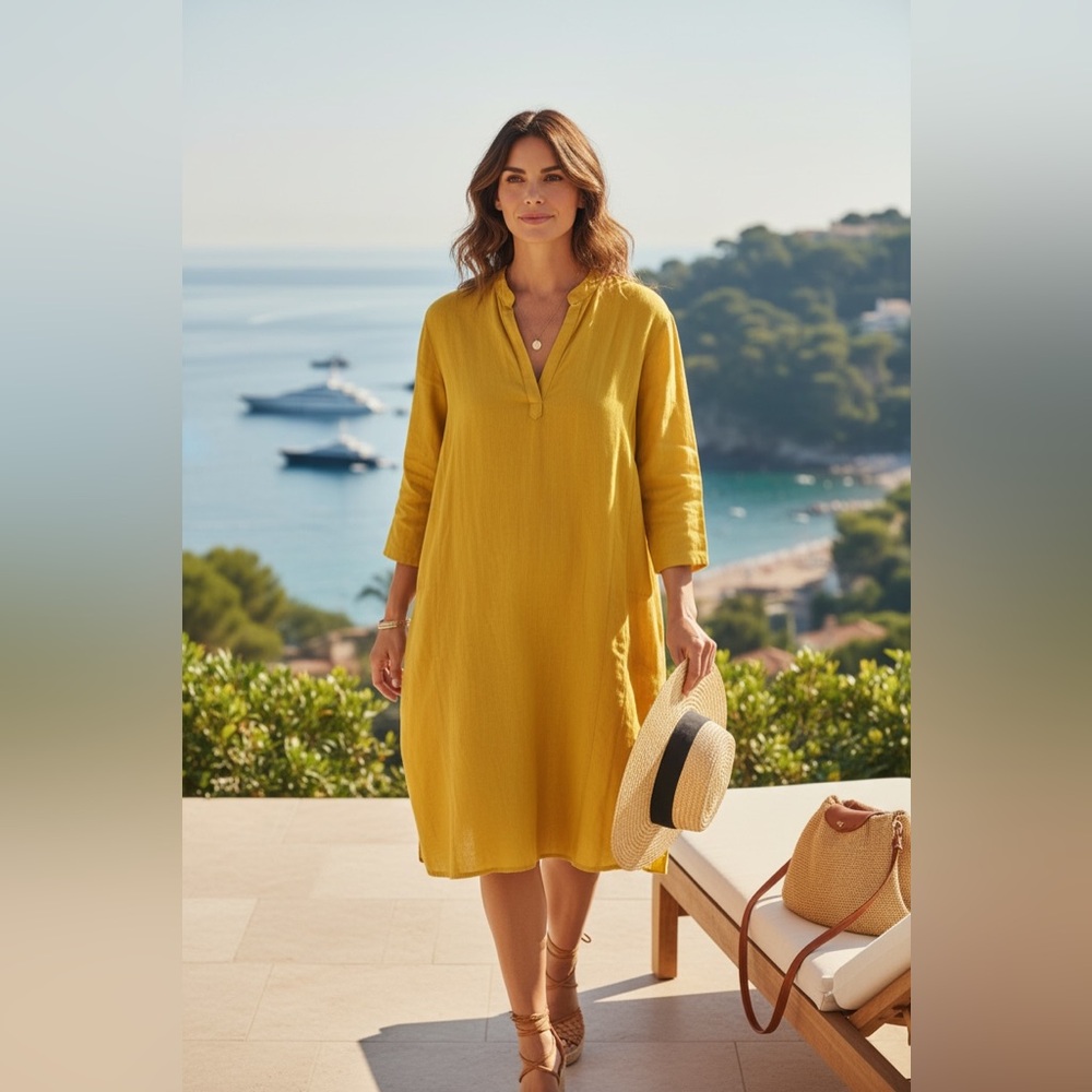 Rachel Craven Mustard Yellow Linen 1/2 Sleeve Dress Size S/M
